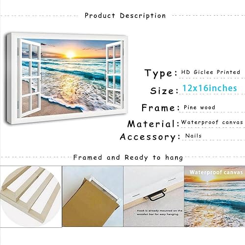 Miniatura 8 de DUNHUANG ART Arte de Lienzo para Pared para Decoración de Dormitorio - Imágenes de Playa Puesta de Sol Océano Naturaleza - Obra de Arte Giclée de