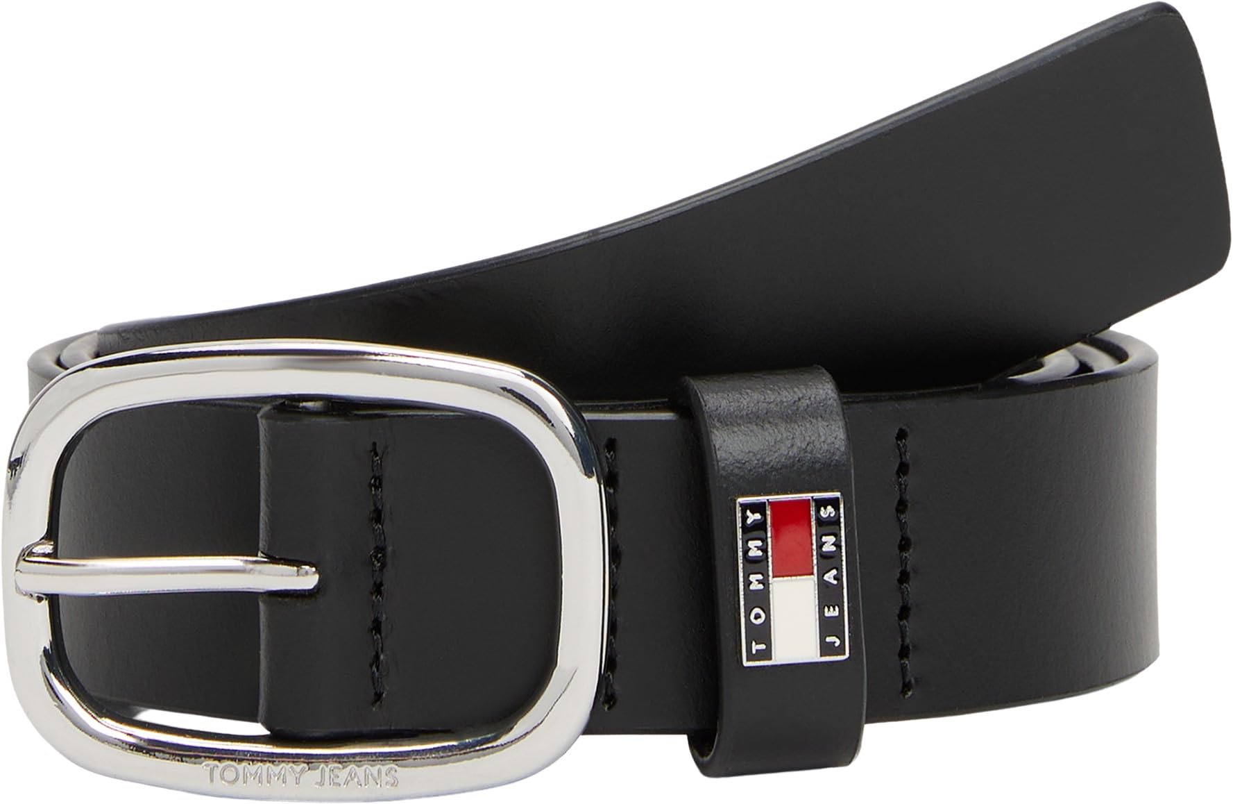 Tommy Hilfiger Women's Black Oval Buckle Debossed Logo Leather Belt