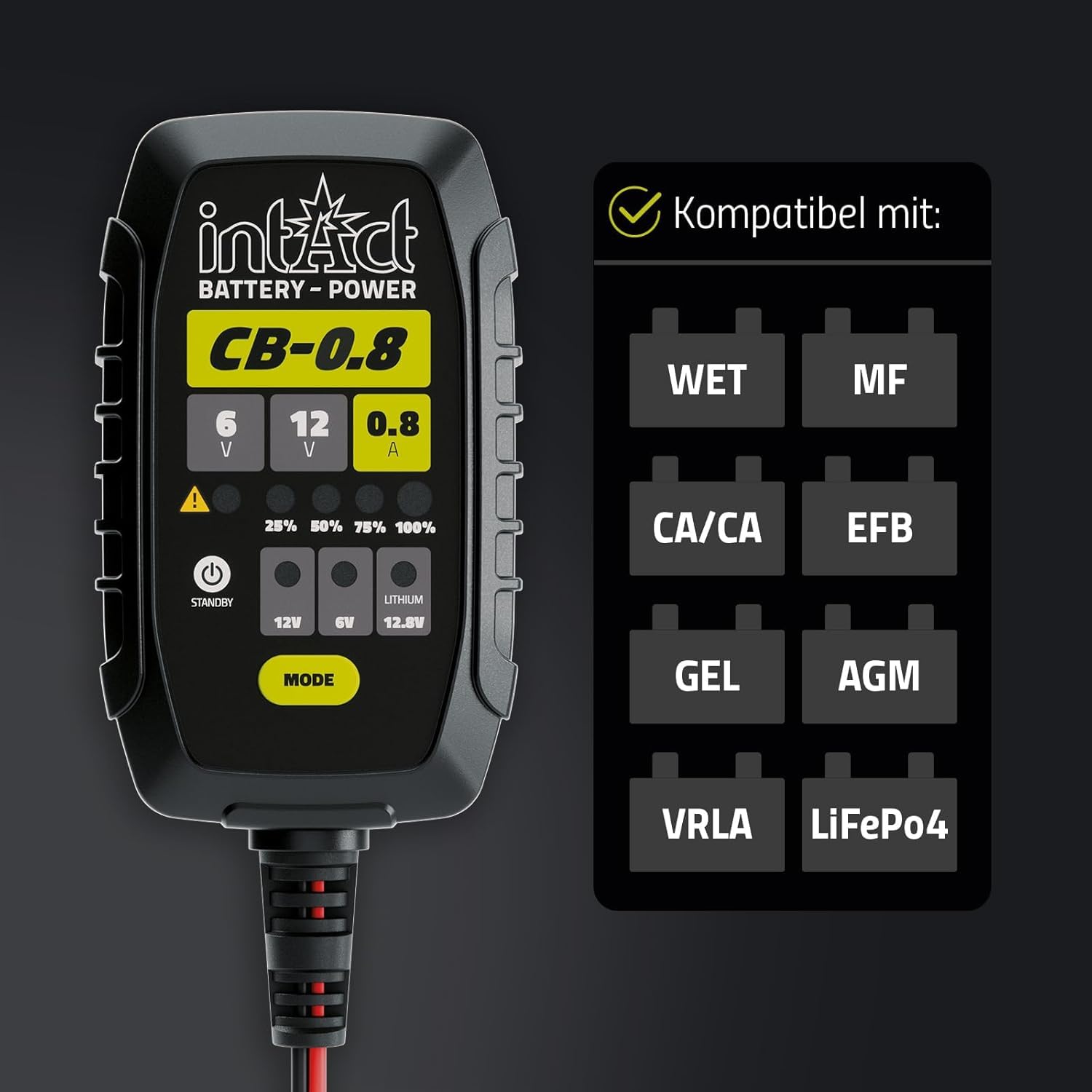 intAct ChargeBox Ladegerät für Motorradbatterien & Rollerbatterien | 0,8A Batterieladegerät für 6V und 12V Bleisäure- und Lithiumbatterien | Mit Erhaltungsladefunktion und Wiederbelebungsfunktion