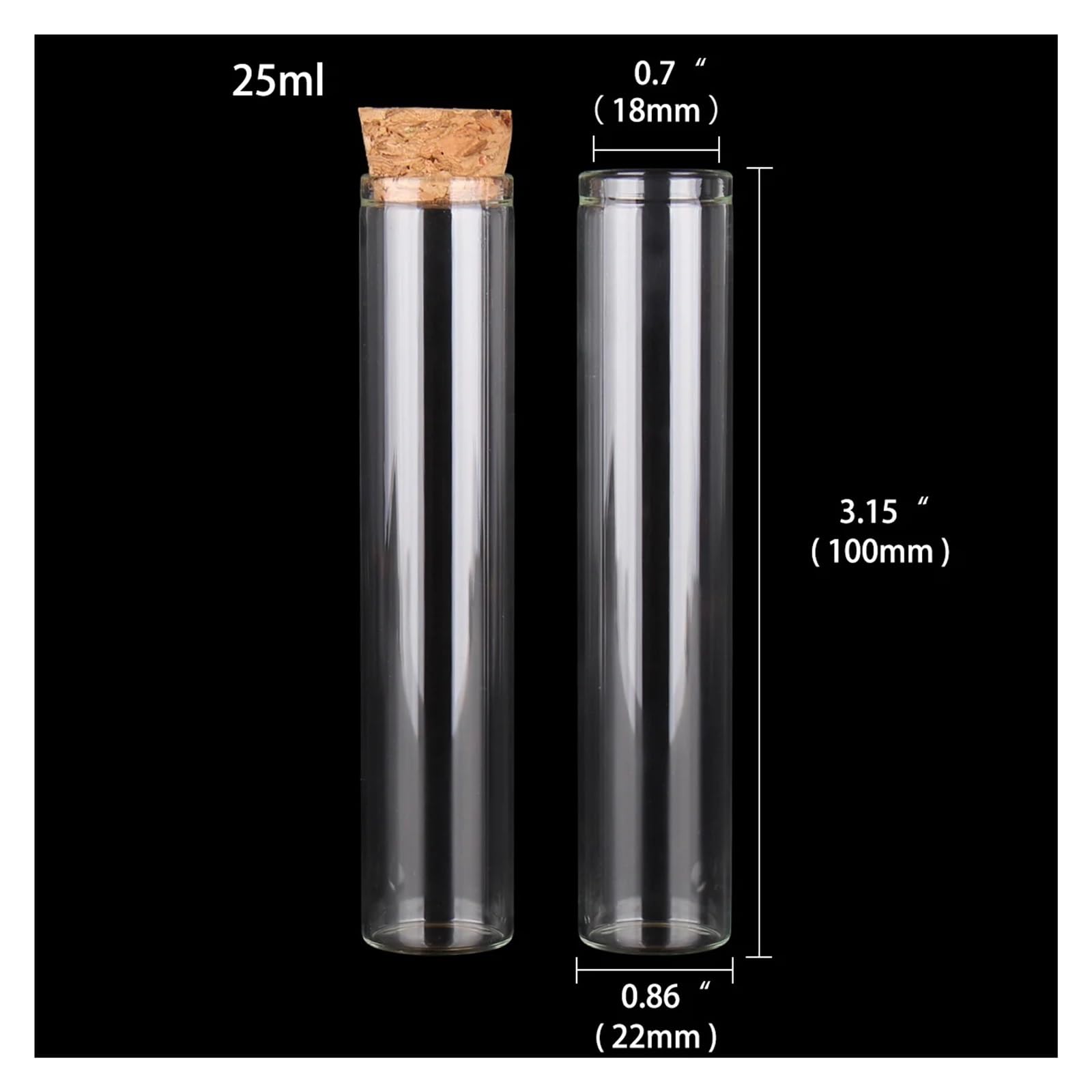 Provette di Vetro, Provette in Vetro con Tappo in Sughero, Confezione da 24, 5 ml-30 ml, Diverse Misure(25ml-100mm)