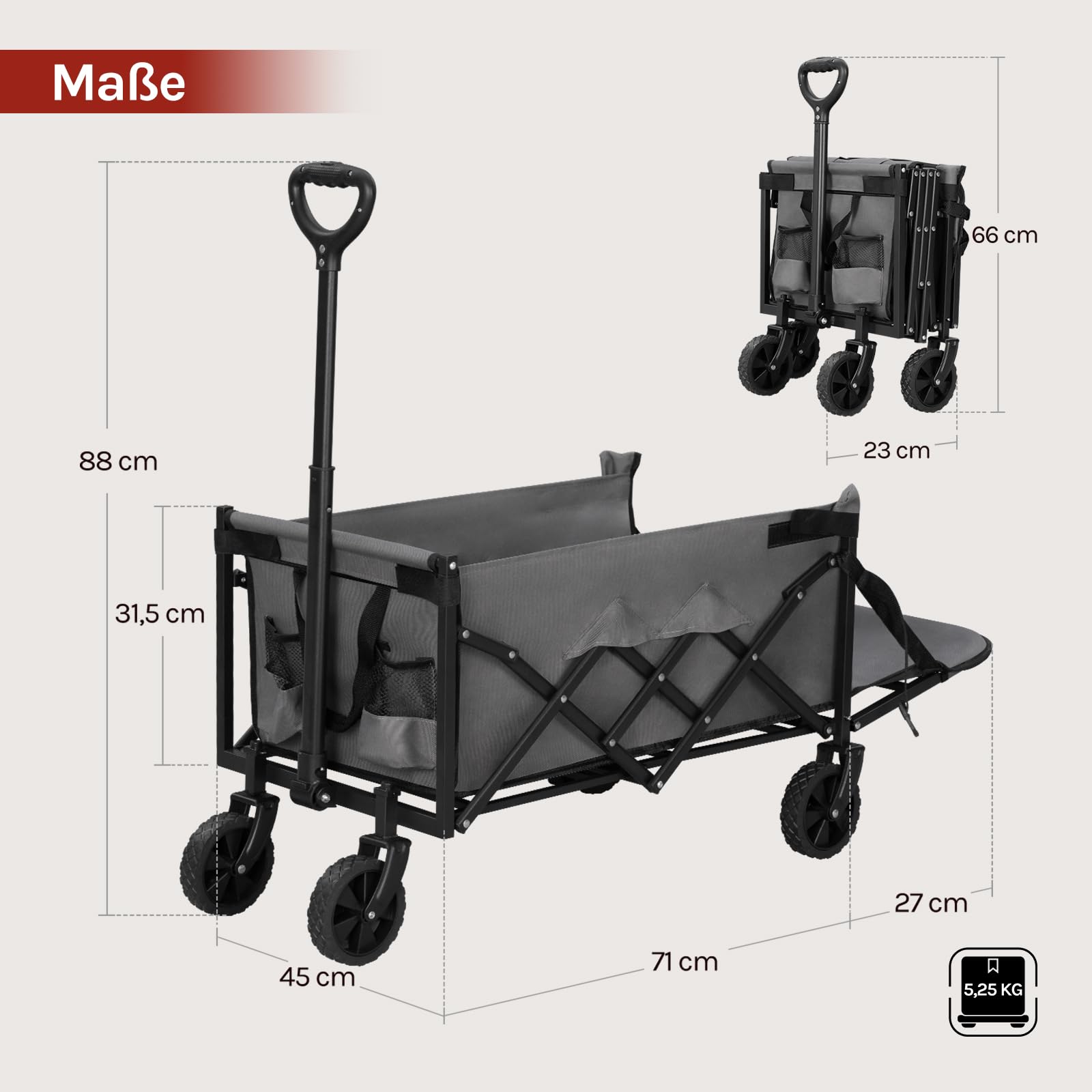 WOLTU Bollerwagen faltbar, 110L + 150kg Tragkraft, Handwagen mit 2 Getränkehaltern, 4 abnehmbaren Rädern, Rückwand klappbar und Griff, für Camping Picknick Einkaufen Strand, Grau