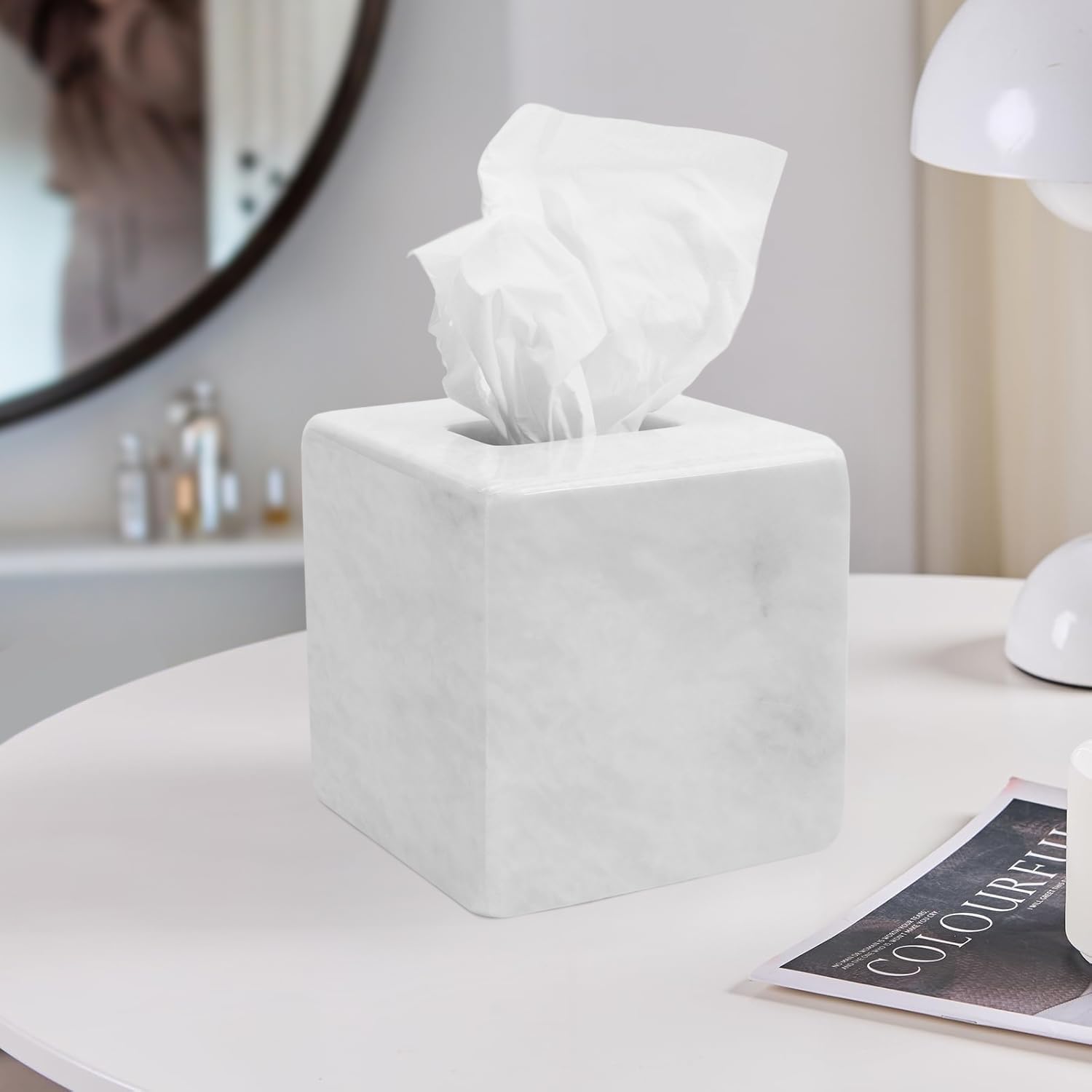 Marble Tissue Box 5.5" White Tissue Holder for Bathroom, Countertop Organizer for Home, Valentines Day Decor Room, or Kitchen, Facial Tissue, Napkin Storage and Office Desk Accessories image 2