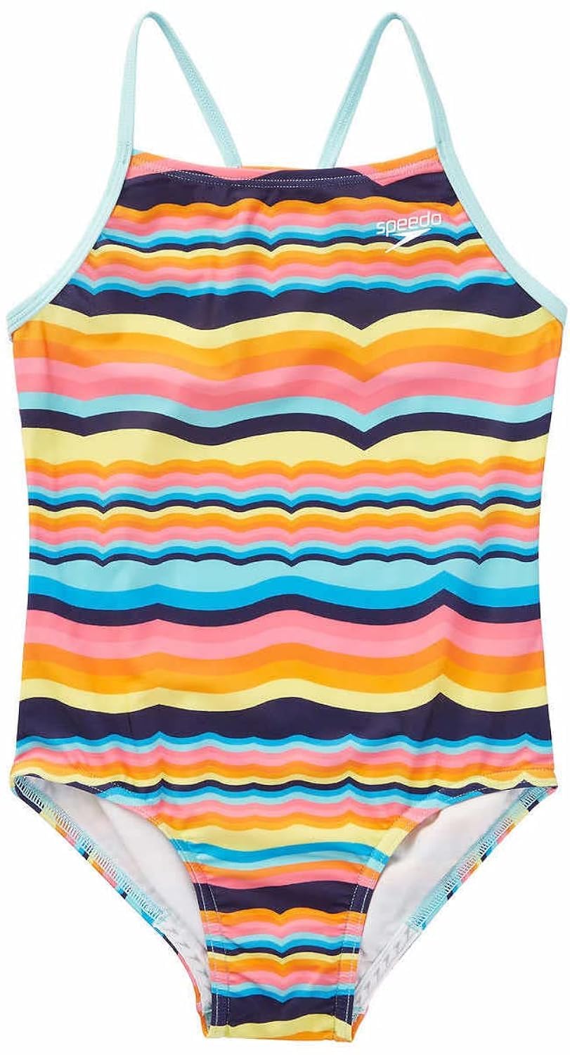 Speedo Girls Thin Strap One Piece Swimsuit (Rainbow, Large 12/14)