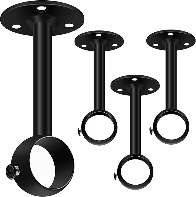Ceiling Curtain Pole Brackets 4 Pack, Black Curtain Rail Bracket 25mm/1inch Heavy Duty Metal Closet Rod End Support Pole Sockets Wardrobe Flange Pipe Holder, Ceiling Curtain Bracket Stainless Steel