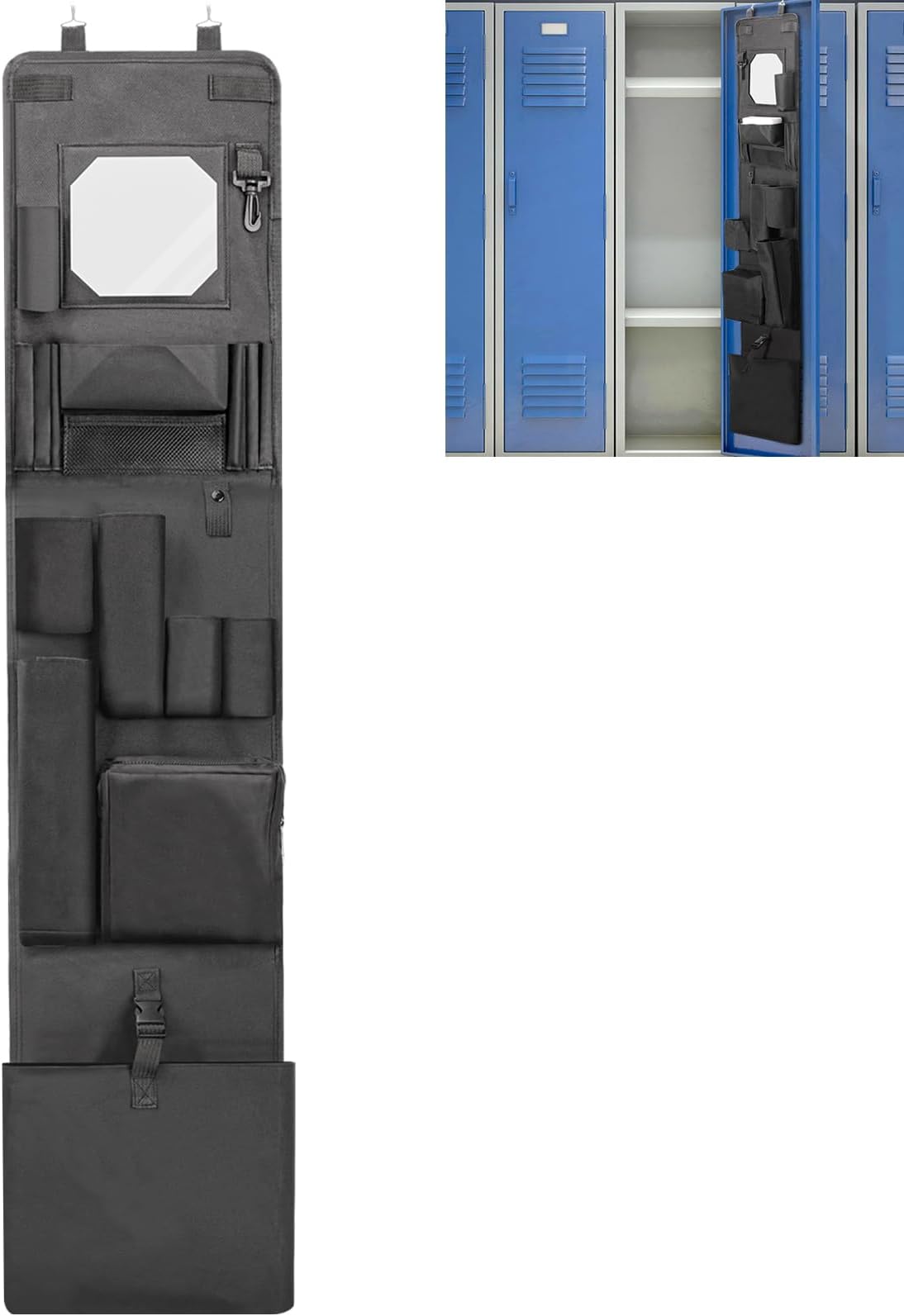Tiga Hanging Locker Organizer with Acrylic Soft Mirror - 11'' W x 52'' H - 600D Oxford Cloth Heavy Fabric - Police & Work Locker Organizer