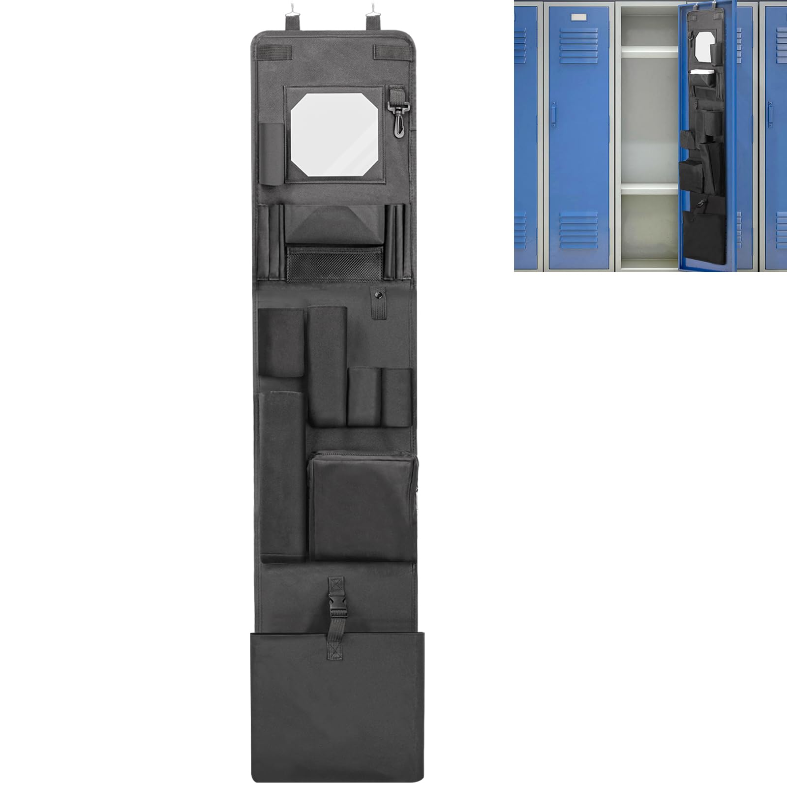 Tiga Hanging Locker Organizer with Acrylic Soft Mirror - 11'' W x 52'' H - 600D Oxford Cloth Heavy Fabric - Police & Work Locker Organizer