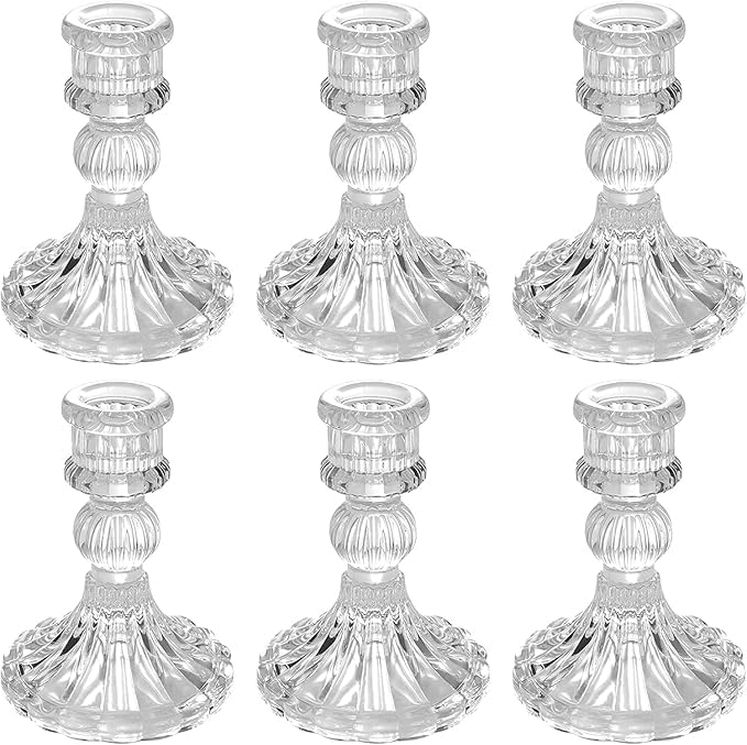 Tyasdery Glass Candle Holder Clear Taper Candle Candlestick Holder for Wedding Party Table Spring Decor Anniversary Festival Decoration Dining Room Table Valentines Day Set of 6