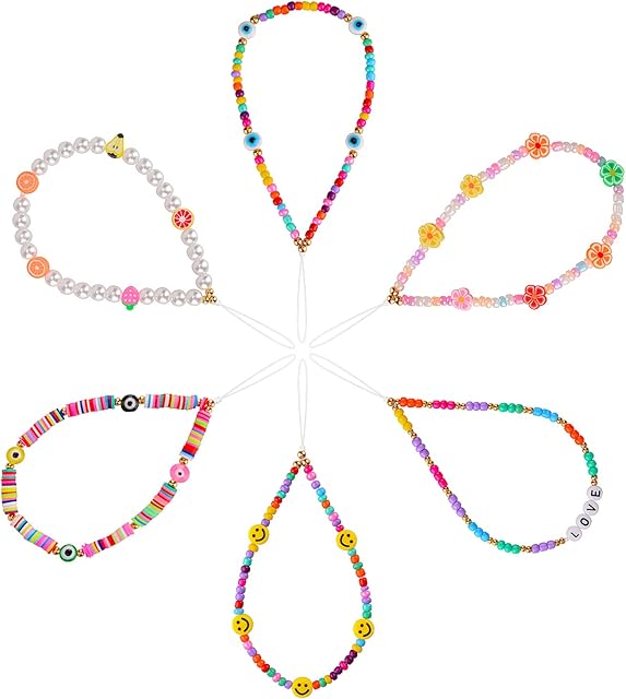 J&D Beaded Phone Charm 6pcs, Cute Colorful Phone Lanyard Wrist Strap Smiley Faces Pearls Fruit Star Handmade Phone Chain String Charms for Phone Case Wallet Keychain Decoration for Girls Women