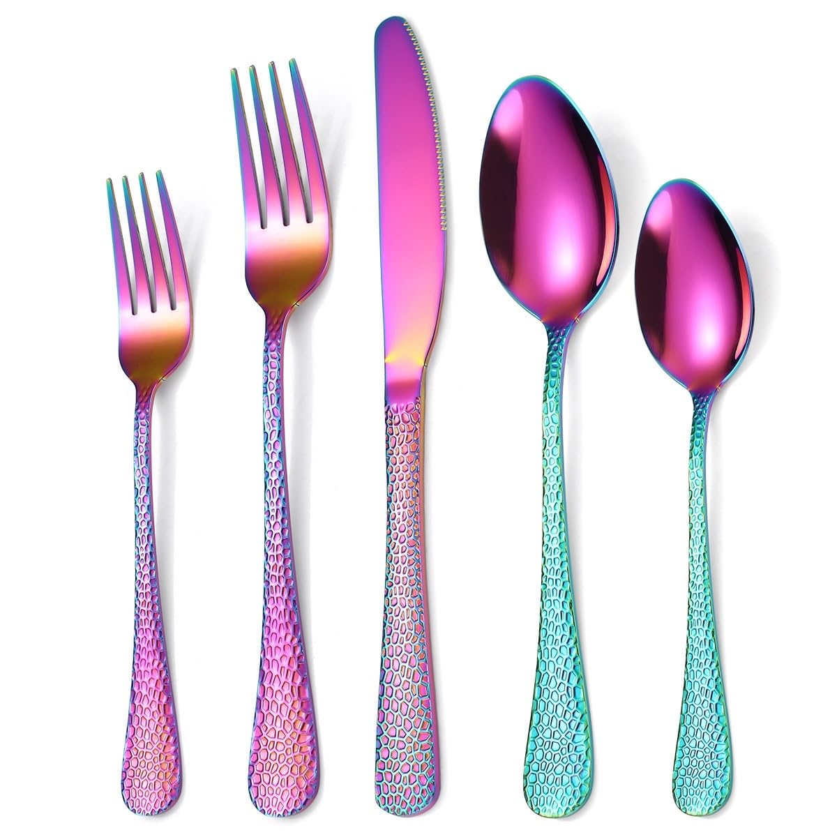 OLSKFUH Cutlery Flatware Cutlery Set, 5/20/30/40/50/60 Pieces Creative Steak Knives, Forks And Spoons With Hammered Handles, Golden Stainless Steel Knives And Forks,Rainbow-12Set-60Pcs