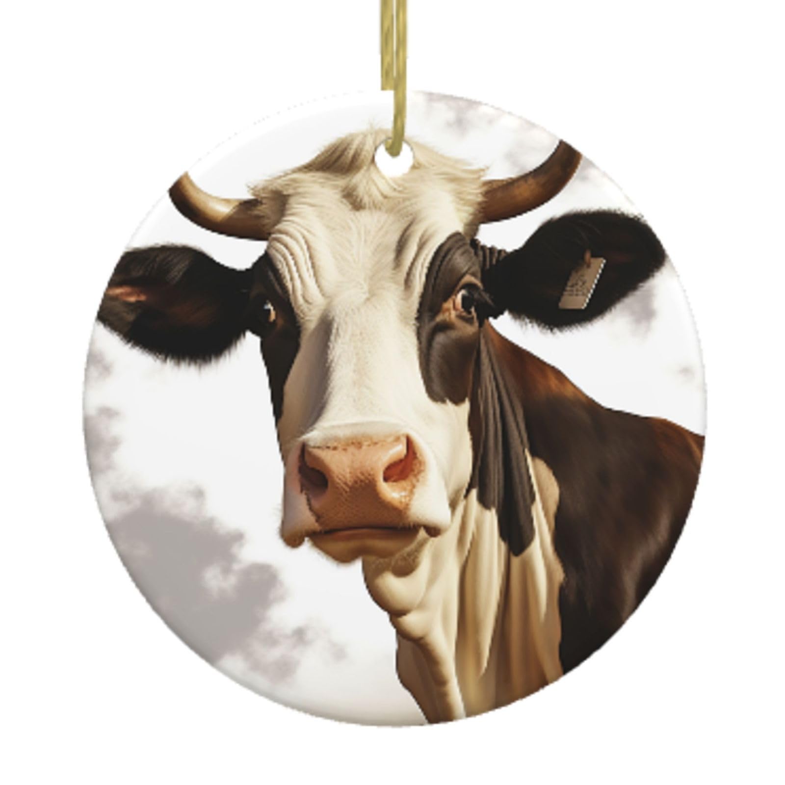Ceramic Christmas Tree Hanging Ornaments with Gold Ropes Christmas Tree Decorations Round Ceramic Farm Animal Cow Pendant Keepsake Decorations for Holiday Xmas Gift Ideas