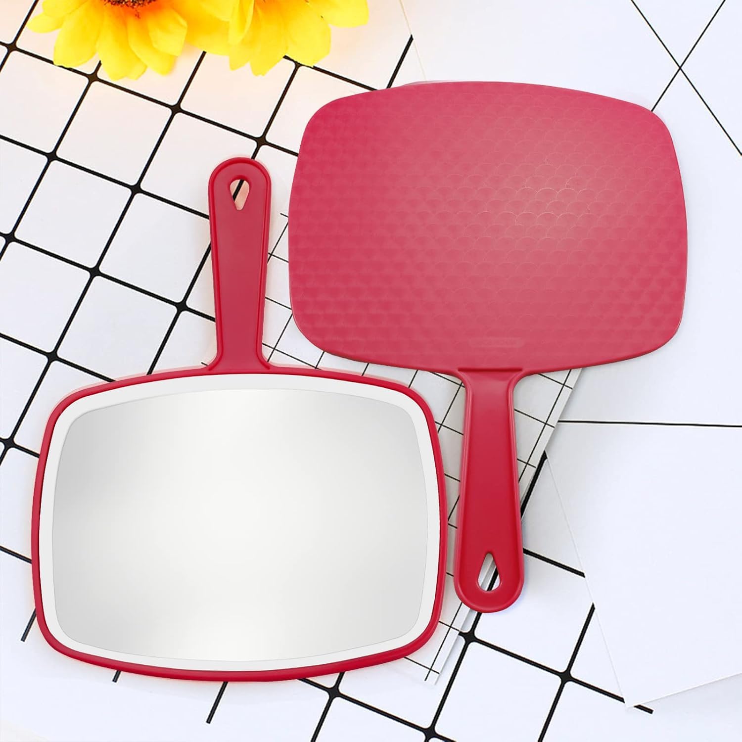 2 Pezzi Specchio a mano, 26.4 x 18.8 cm Specchio Trucco Portatile con Manico, Appendibile, per Radersi o Applicare il Trucco, Rosso