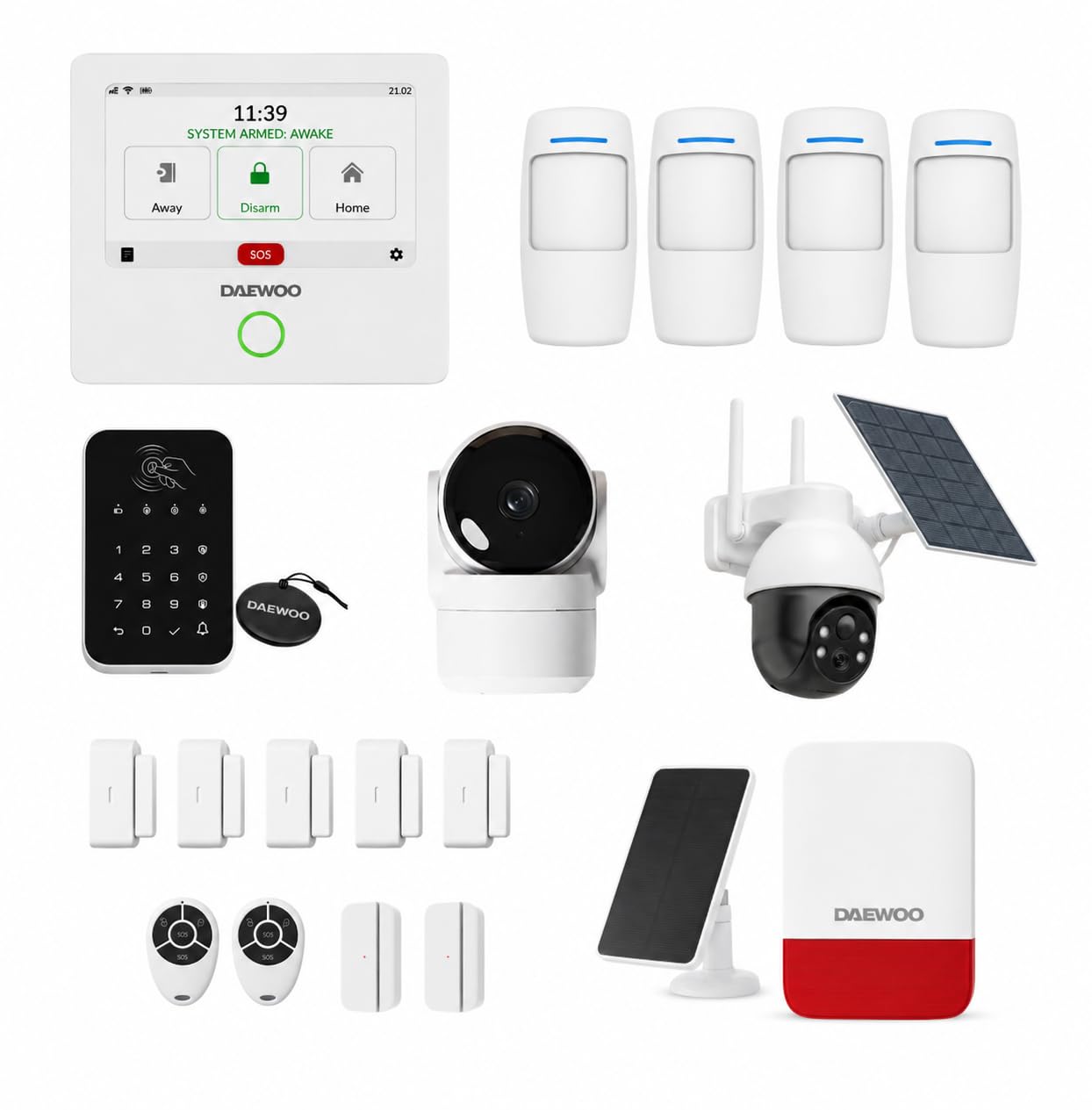 Daewoo Pack Alarme AM503 – Centrale Tactile Wi-FI/GSM, Caméra Solaire Rotative 3MP, Caméra Intérieure Full HD, Sirène Solaire 110 DB, Détecteurs Mouvement Anti-Animaux & Clavier RFID - App Daewoo