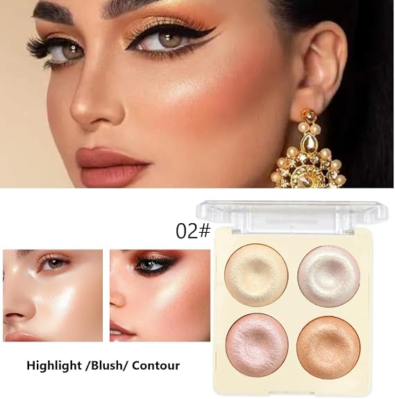 Highlighter Palette, 4 Colours Highlighter Powder Highlighter Make Up Mother of Pearl Diamond Mushroom Delicate Distributable Highly Pigmented Highlighter Glitter Shimmer Powder Face Eyes Nose