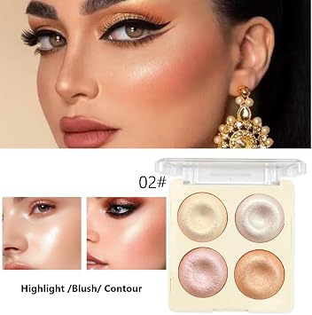 Highlighter Palette, 4 Colours Highlighter Powder Highlighter Make Up Mother of Pearl Diamond Mushroom Delicate Distributable Highly Pigmented Highlighter Glitter Shimmer Powder Face Eyes Nose