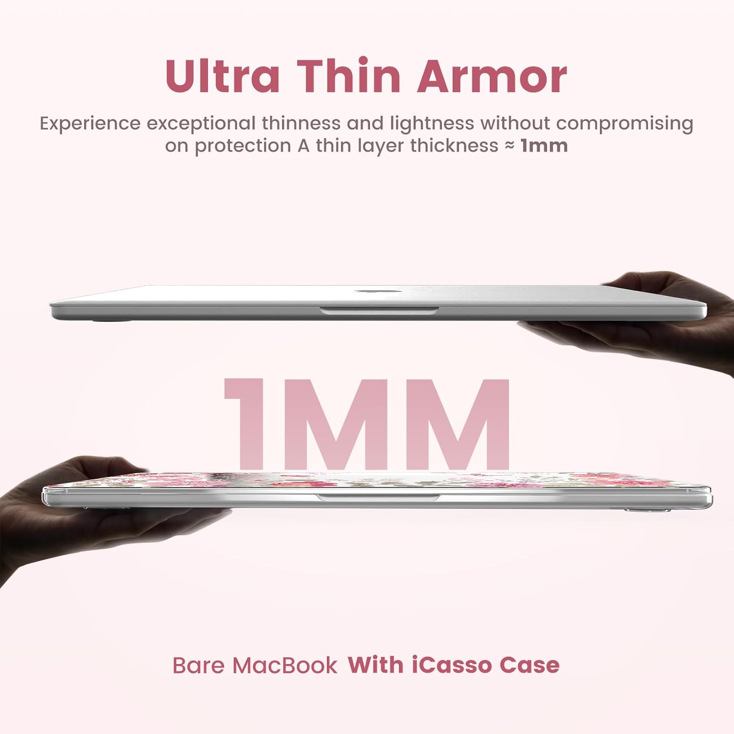 iCasso for MacBook Air 13 inch Case 2026 2025-2022 M4 M3 M2 Model A3240 A3113 A2681, [Ultra Thin Armor][100% Ultra Clear], Air 13.6'' Flower Crystal Clear Hard Shell Protective Cover, Pink
