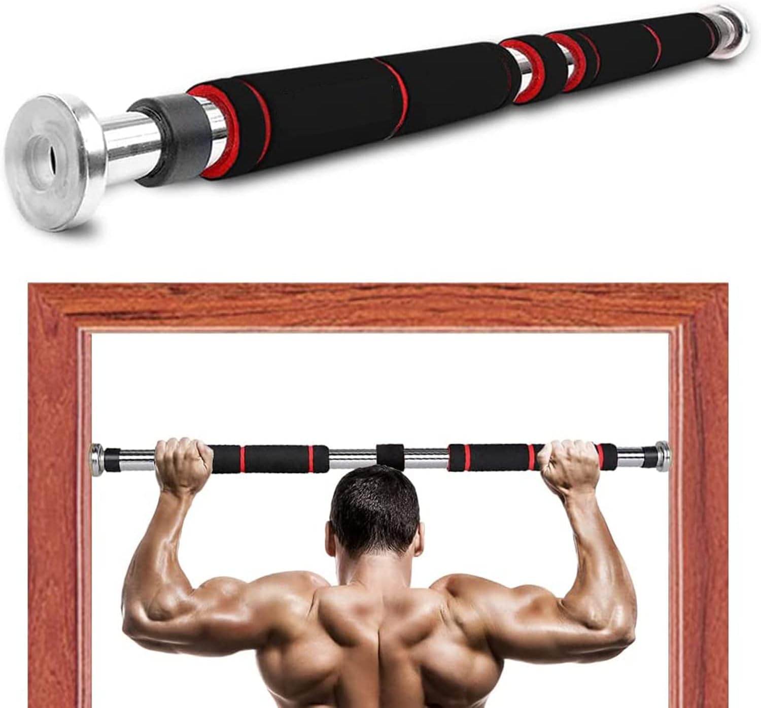 Doorway Pull Up Bar with No Screw Installation,Chrome Steel Pull Up Adjustable Gym Bar With Cushioned Grip (83-130 Cm)