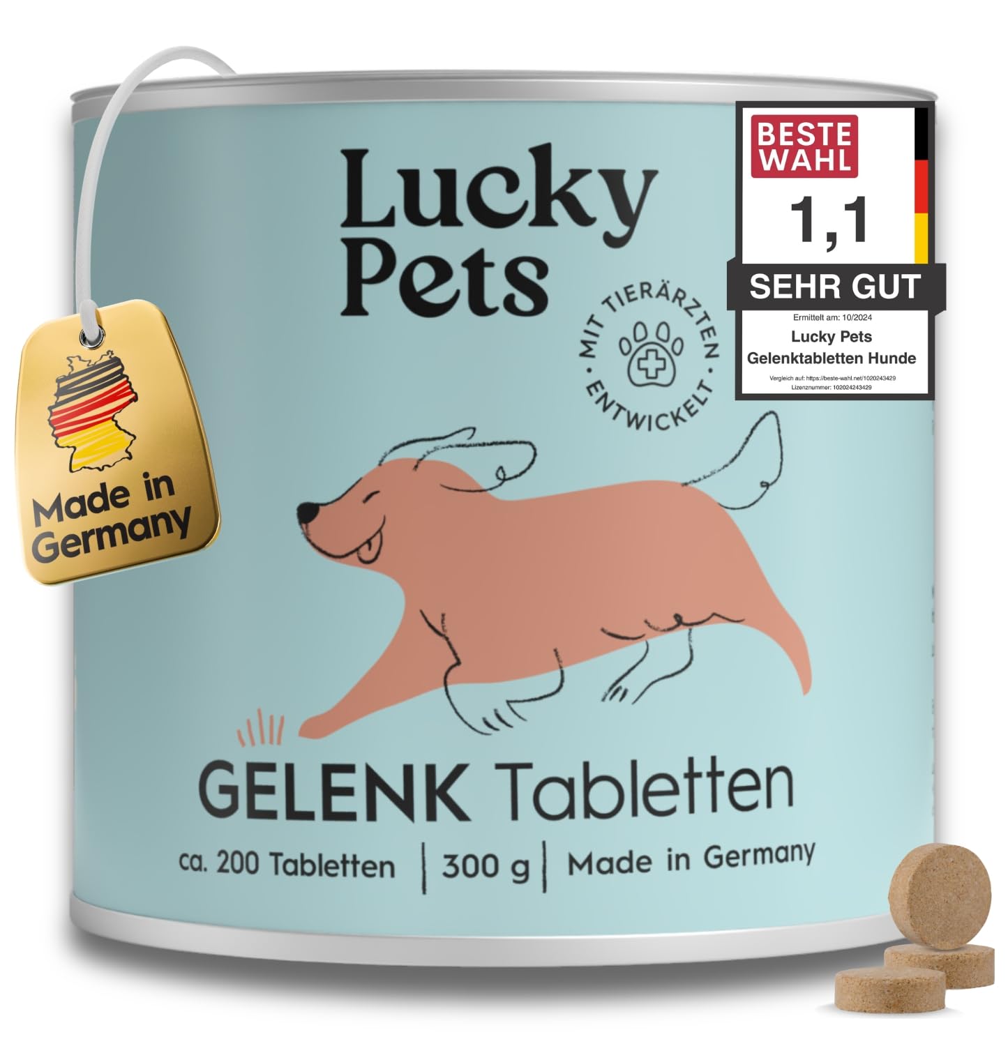 Lucky Pets Gelenktabletten für Hunde 200 Tabletten – Hochdosiert mit Grünlippmuschel, Teufelskralle, MSM und Glucosamin – Unterstützung für Gelenke und Knorpel – Deutscher Hersteller
