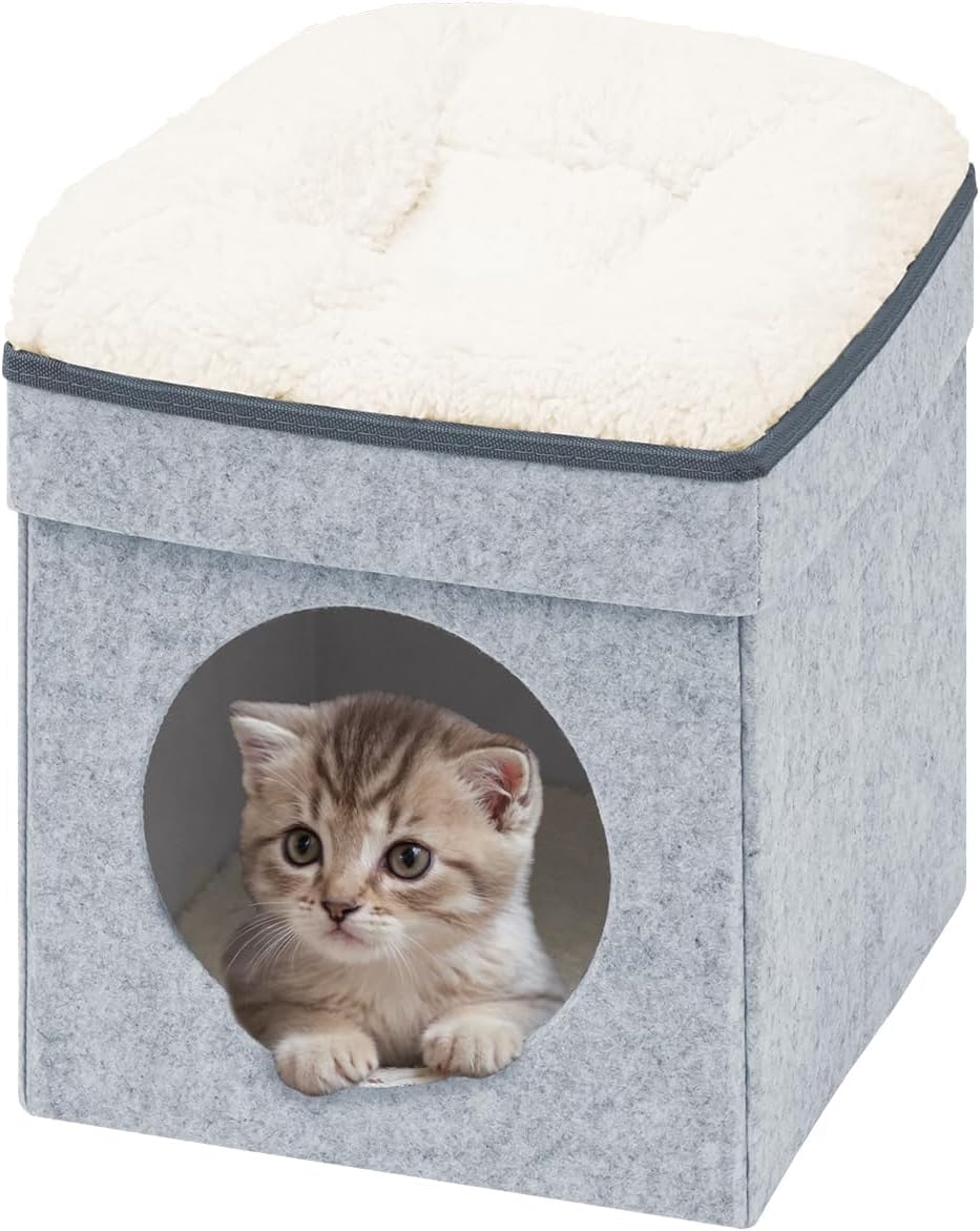 B FSOBEIIALEO Cat House Cube Small Dog Cubes For Indoor Cats Folding Cat Ottoman, Cat Cave, Stackable Cat Condo For Kitten, With Removable Soft Sleeping Bed, Felt And Engineered Wood 12.6"(Light Grey)