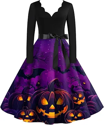 OIOLOYJM Sexy Plus Size Halloween Costumes Woman 2025 Long Sleeve V Neck Printed Gothic Retro Formal Party Dresses for Women