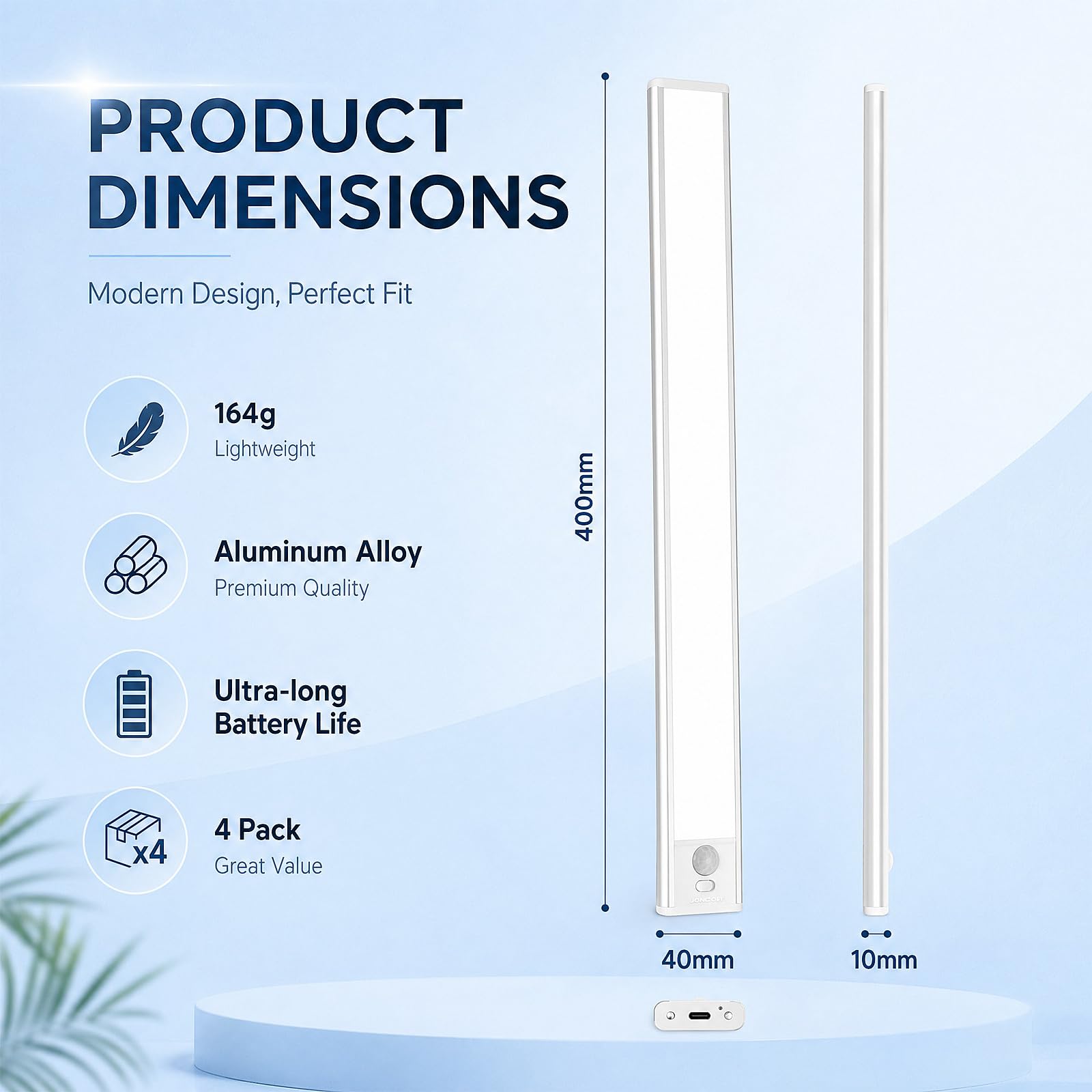 Confezione da 4 luci per armadietti, luce con sensore di movimento ricaricabile da 2200 mAh, luce costante 9H sempre accesa, 39,9 cm, senza fili, dimmerabile, luce notturna magnetica in 3