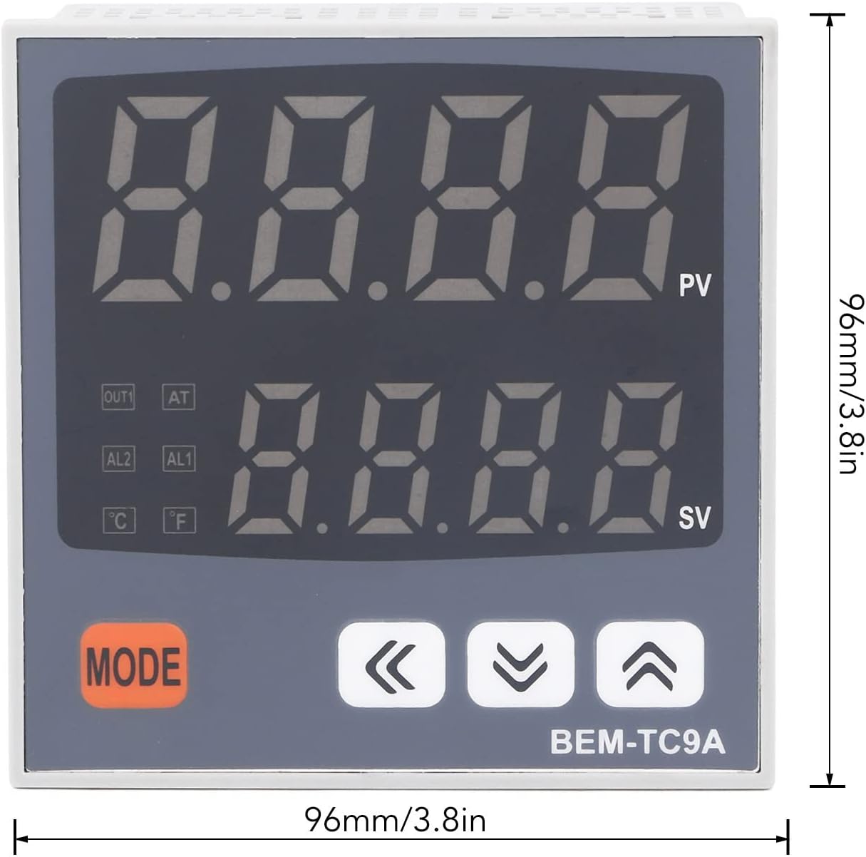 Image showing the dimensions of the 96x96mm temperature controller.