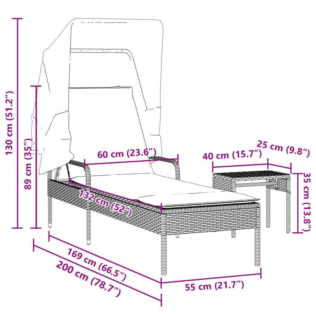 Sonnenliege mit Dach und Tisch Schwarz Poly Rattan Verstellbar Gartenliege Klappbar für Terrasse Balkon Pool Outdoor Camping Relaxliege mit Auflage
