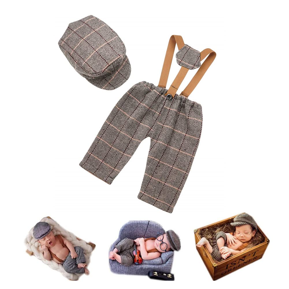 Coberllus Newborn Baby Photo Props Checked Fabric Boys Flat Cap & Suspender Pants Romper Photography