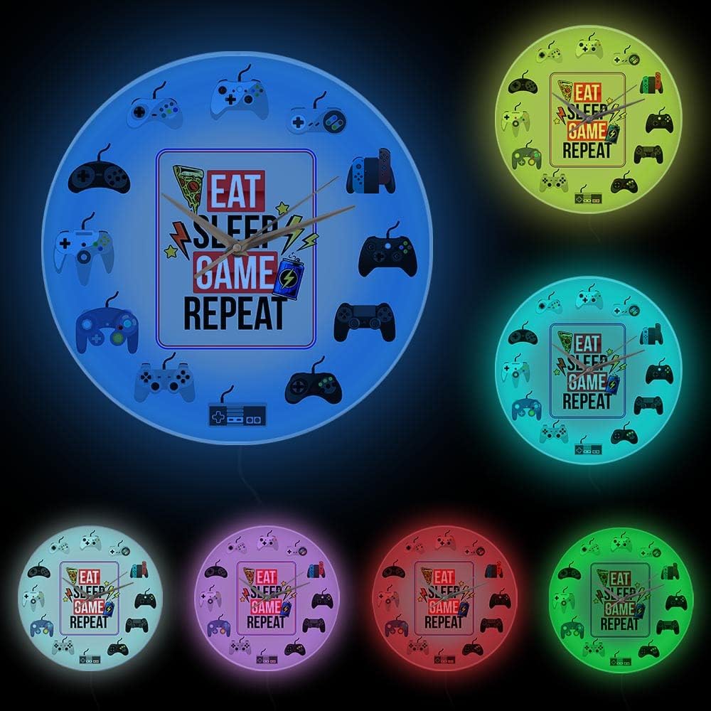 Geek Alerts Eat Sleep Game Repeat Gamepad Controllers LED Silent Non Ticking Wall Clock with USB Multi Color Changing Light 12inch Acrylic Print Hanging Watch for Game Room Decor Gamer Gift