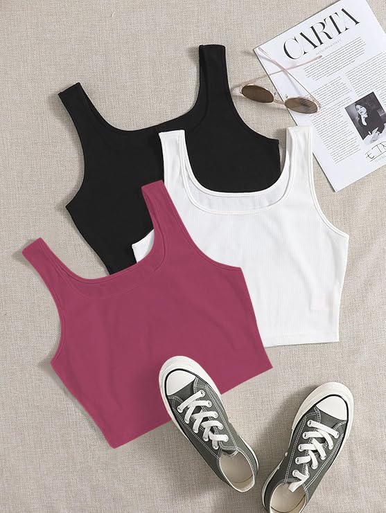 Image of Toochki Women's Knitted Sleeveless Solid Sqaure Neck Ribbed Tank & Crop Tops (Pack of 3)