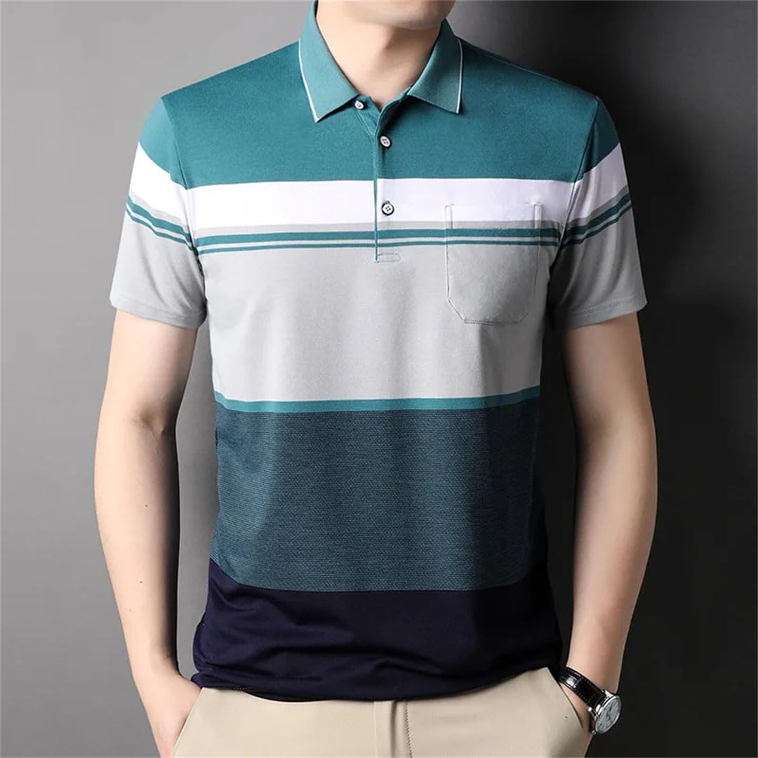 Polo de manga corta para hombre con paneles de solapa y bolsillo con botones, retazos, holgado, a rayas, parte superior delgada, rosso, 3XL