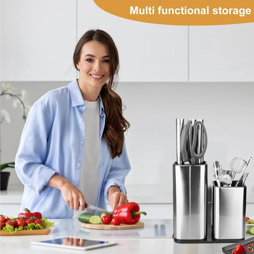 2 en 1 Bloque de, Soporte Cuchillos Cocina, Porta Cuchillos Universal, Cuchillero para Cocina Sin Cuchillo, Portacuchillas con Ranura Extraíble y Orificio de Drenaje