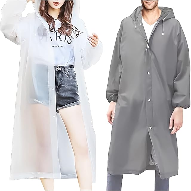 AMANMAN 2 Pack Rain Ponchos Waterproof Raincoat for Adult Reusable Portable Rain Coat with Hoods and Sleeves Emergency Rainwear for Women Men Outdoor Travel Hiking Camping (Transparent & Grey)