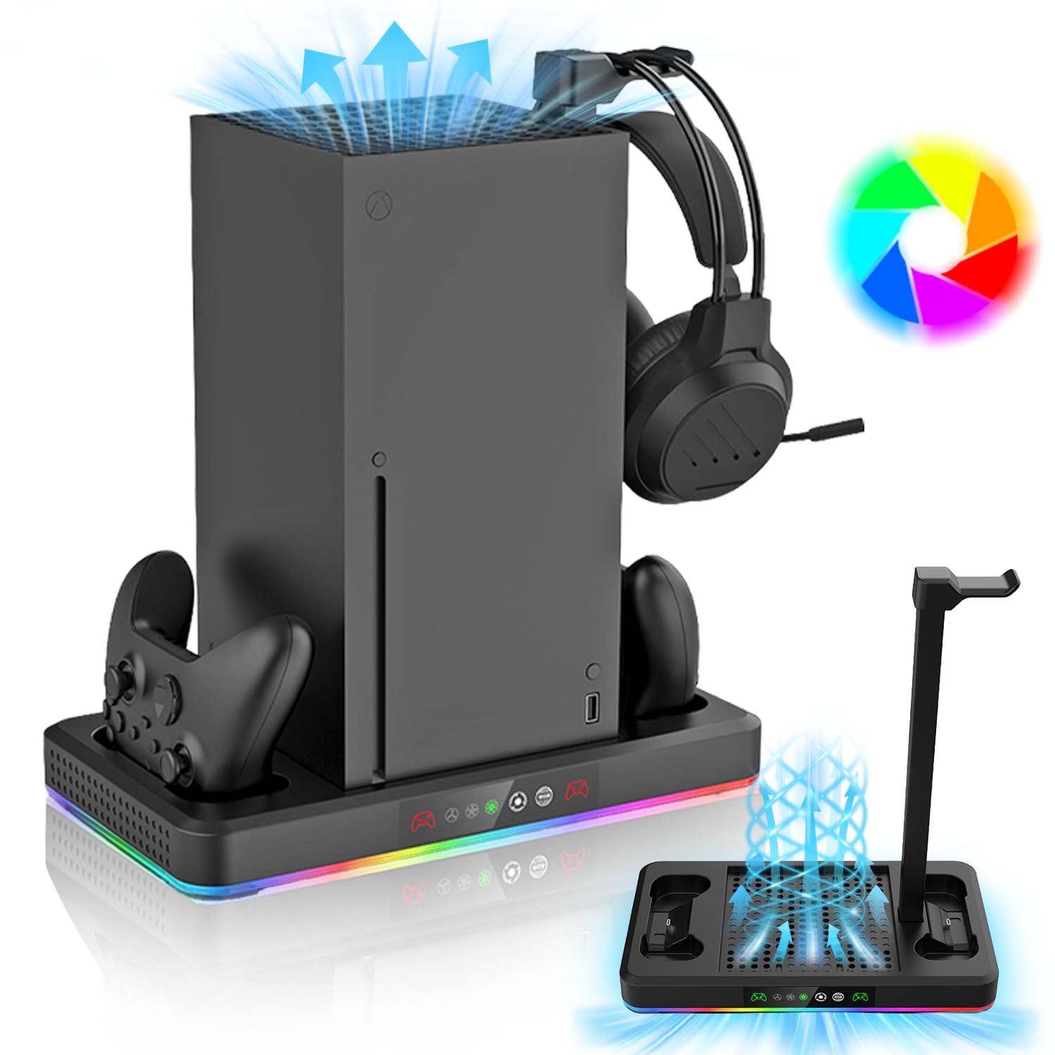 SOTY Xbox Series X/S Cooling Stand, Dual Charger, Metal Base, RGB | Xbox Series X/S cooling and dual charging station with metal base, RGB lighting and dedicated headset hook.