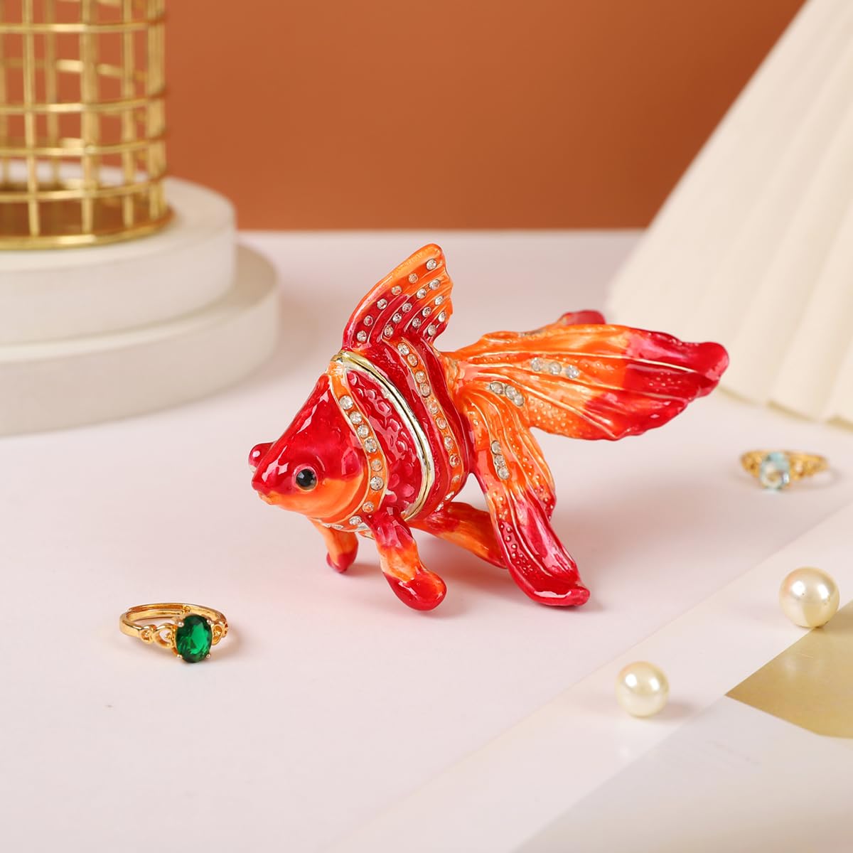 Furuida Lucky Goldfish Shape Trinket Box Hinge Hand-Painted Small Jewelry Ring Holder Boxes Enamel Animals Craft Christmas Gift for Women : Clothing, Shoes & Jewelry