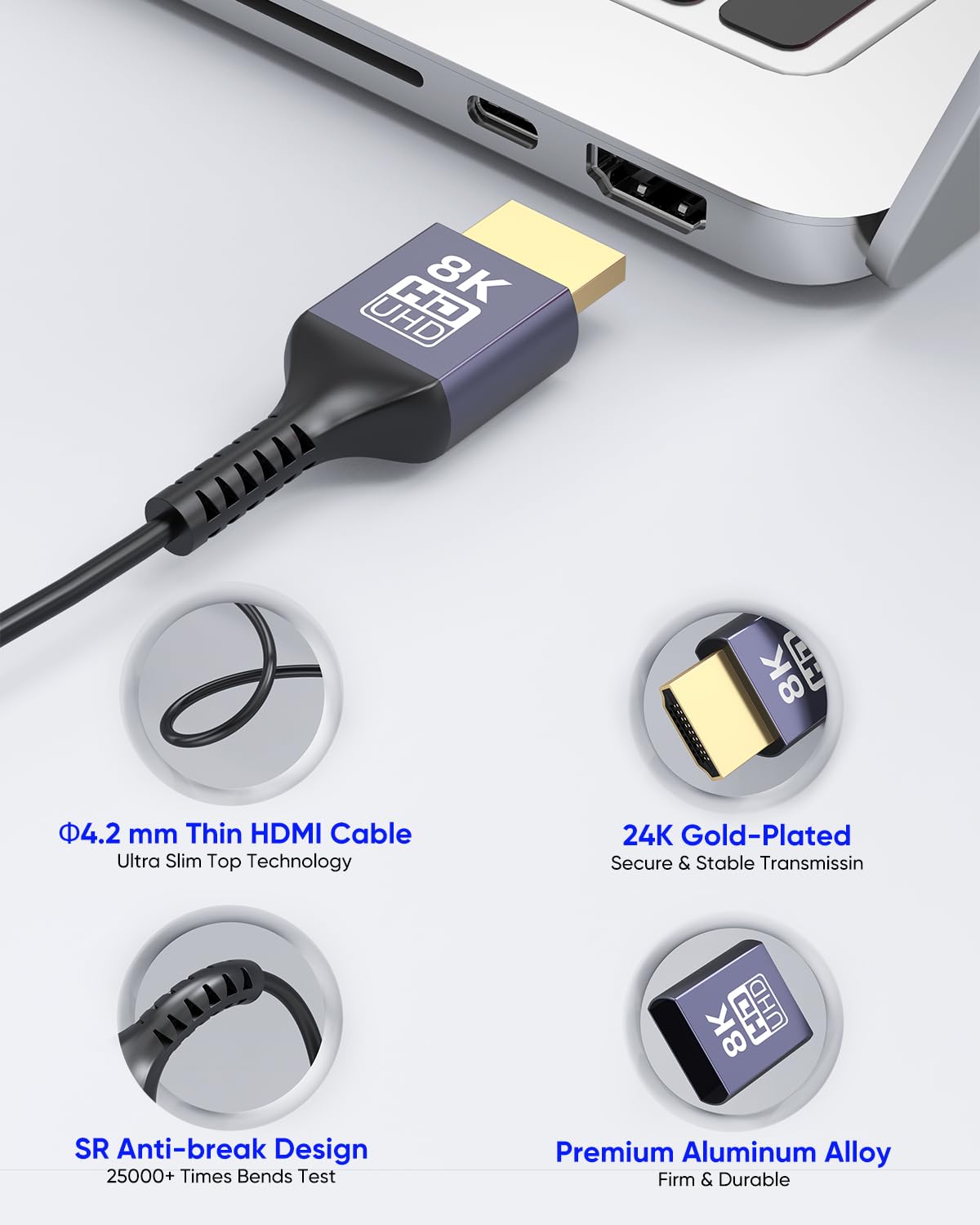 Cavo HDMI sottile da 3,5 m, 8 K, 48 Gbps, cavo HDMI 2.1 flessibile ad alta velocità con 8K a 60Hz, 4K a 120Hz/60Hz, HDR dinamico, 3D per laptop, HDTV, monitor, proiettore, PS5/PS4, Xbox