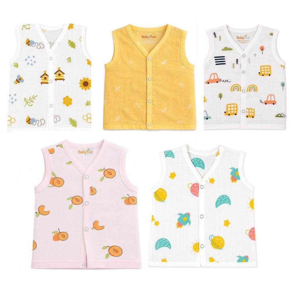 GOTS Certified Muslin Cotton Baby Jhabla Suit (Assorted Designs), Ultra Soft & Breathable Newborn Clothing Set, Lightweight Sleeveless Top Outfit for Infants (Pack of 4)-image-0