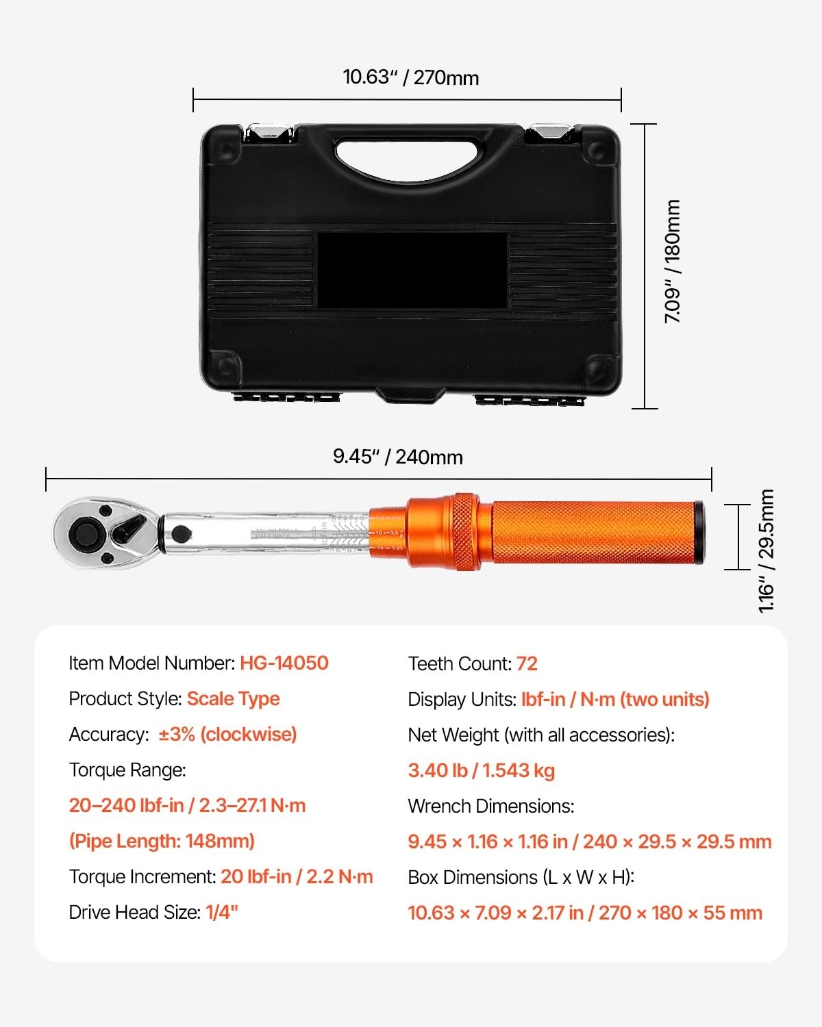 Telescopic Ratchet Zestaw kluczy dynamometrycznych Click 20–240 lbf-in Napęd 1/4 cala, dwukierunkowe i dwuzakresowe, 72 zęby Klucze dynamometryczne