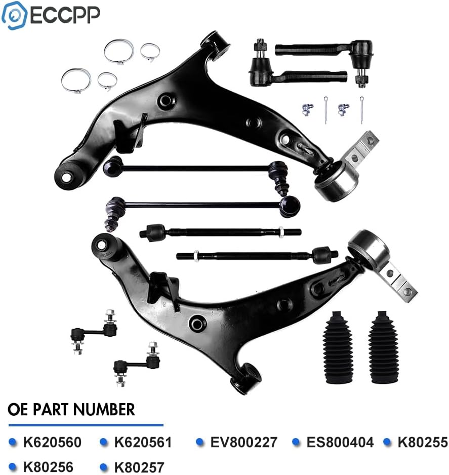 ECCPP - 12PCS Front Lower Control Arm And Ball Joint Inner Outer Tie Rod End Sway Bar Link Steering Boot Compatible Fit 2004-2009 For Nissan Quest Suspension Kit