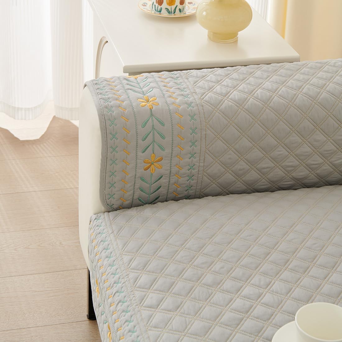 Elegant Cotton Embroidery Seat Sofa Cover Spring Floral Pattern Sectional Couch Covers Non-Slip All Season Sofa Slipcover for Dogs Cats Pet (Cream,28''x47'')