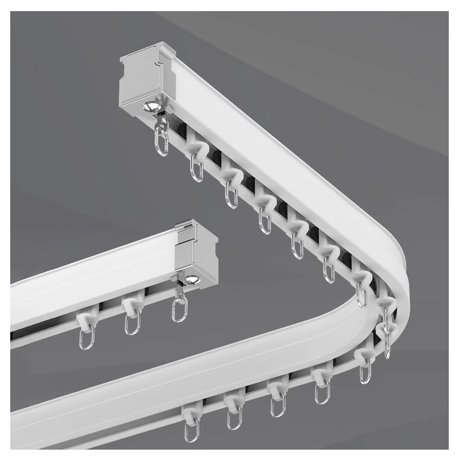 System szyn do zasłon, wytrzymała, elastyczna szyna do zasłon, zginana szyna ze stopu aluminium do okien wykuszowych i łazienkowych, 2,1 m / 7ft montowana na suficie z haczykami i okuciami - idealna