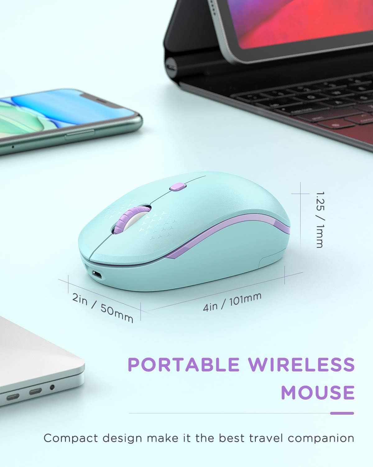 seenda Wireless Mouse Type C Mouse Cordless with USB and USB C 2 in 1 Receiver Rechargeable Mouse for Kids Compatible with MacBook, iPad Pro, Windows Computer, Laptop, PC - Mint Green