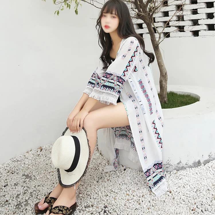 Blouse kimono d'été WQHPLMD en version cardigan long fluide avec franges - 5