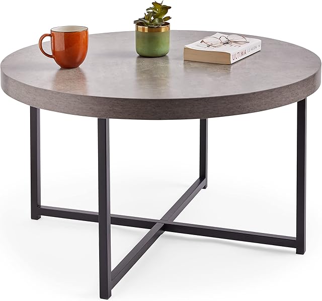 VonHaus Concrete Look Round Coffee Table Grey - 80cm Diameter  Modern Industrial Style Lightweight Metal Effect Furniture with Black Legs - Lounge, Bedroom, Hallway, Living & Dining Room - H45xD80cm