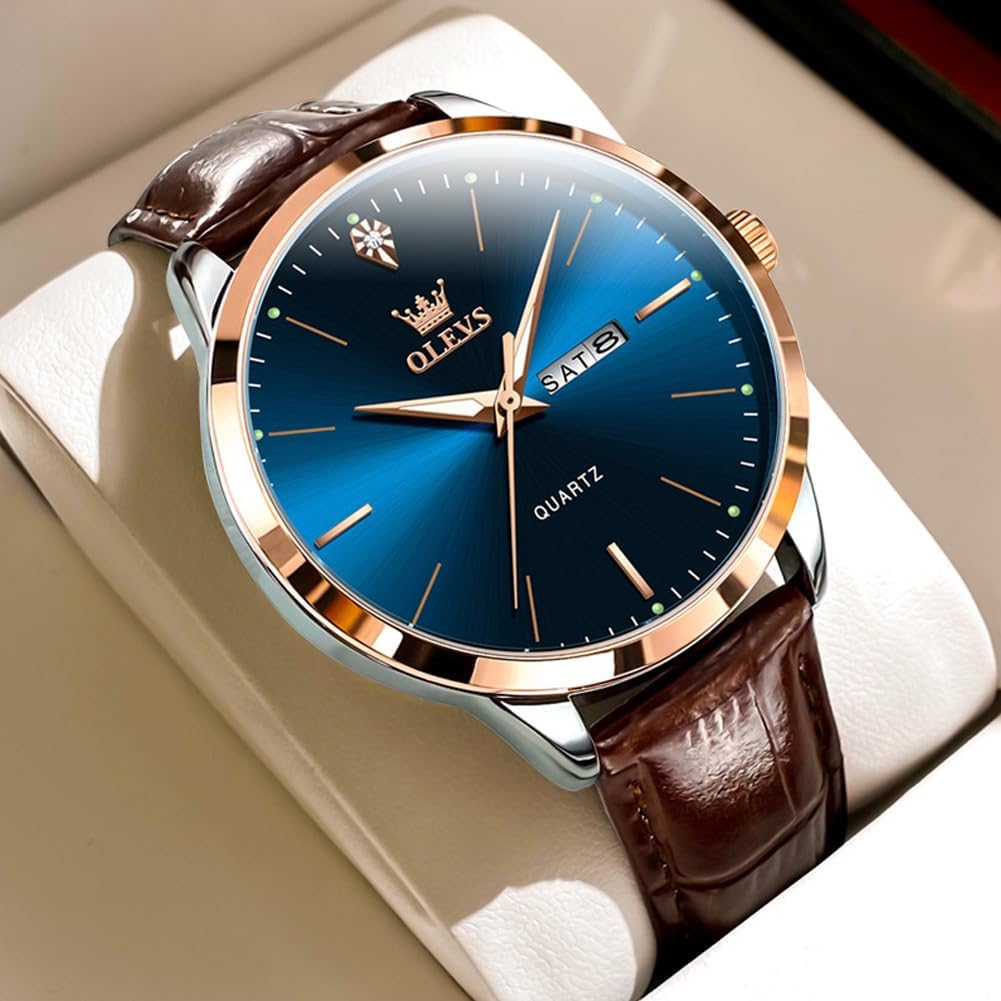 OLEVS Mens Watches, Dress Waterproof Classic Analog Casual Luxury Wrist Watch for Men with Date, Easy to Read Relojes para Hombres Male Quartz Wristwatch with Brown Black Leather Band Blue Black Dial - Image 4