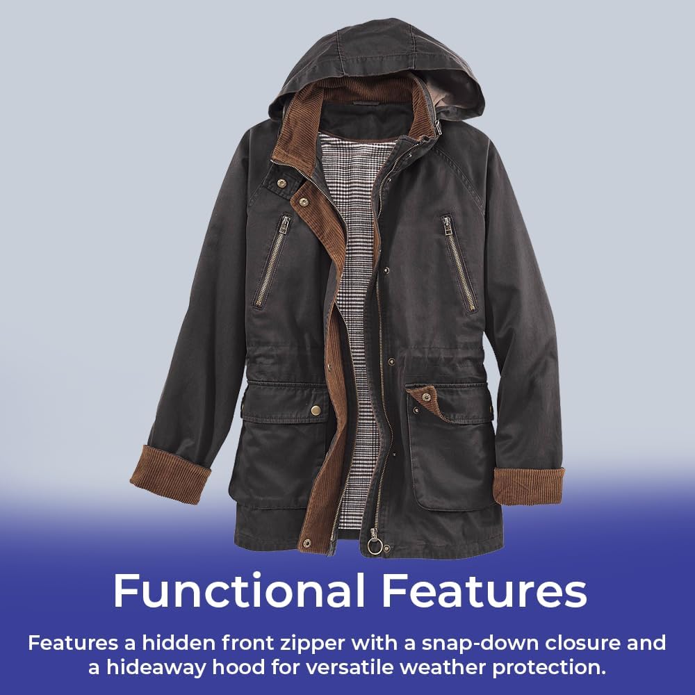 SAGEFINDS Portland Barn Jacket w/Corduroy Accents, Hidden Front Zipper w/Snap Closure, Hideaway Hood, Drawstring, Pockets - Image 3