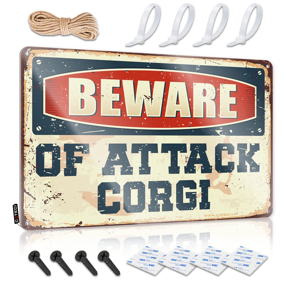 Dtha Men's One Color Tin Signs For Man Cave Beware Of Attack Corgi Sign Garage Decor For Wall Signs(20X30cm)