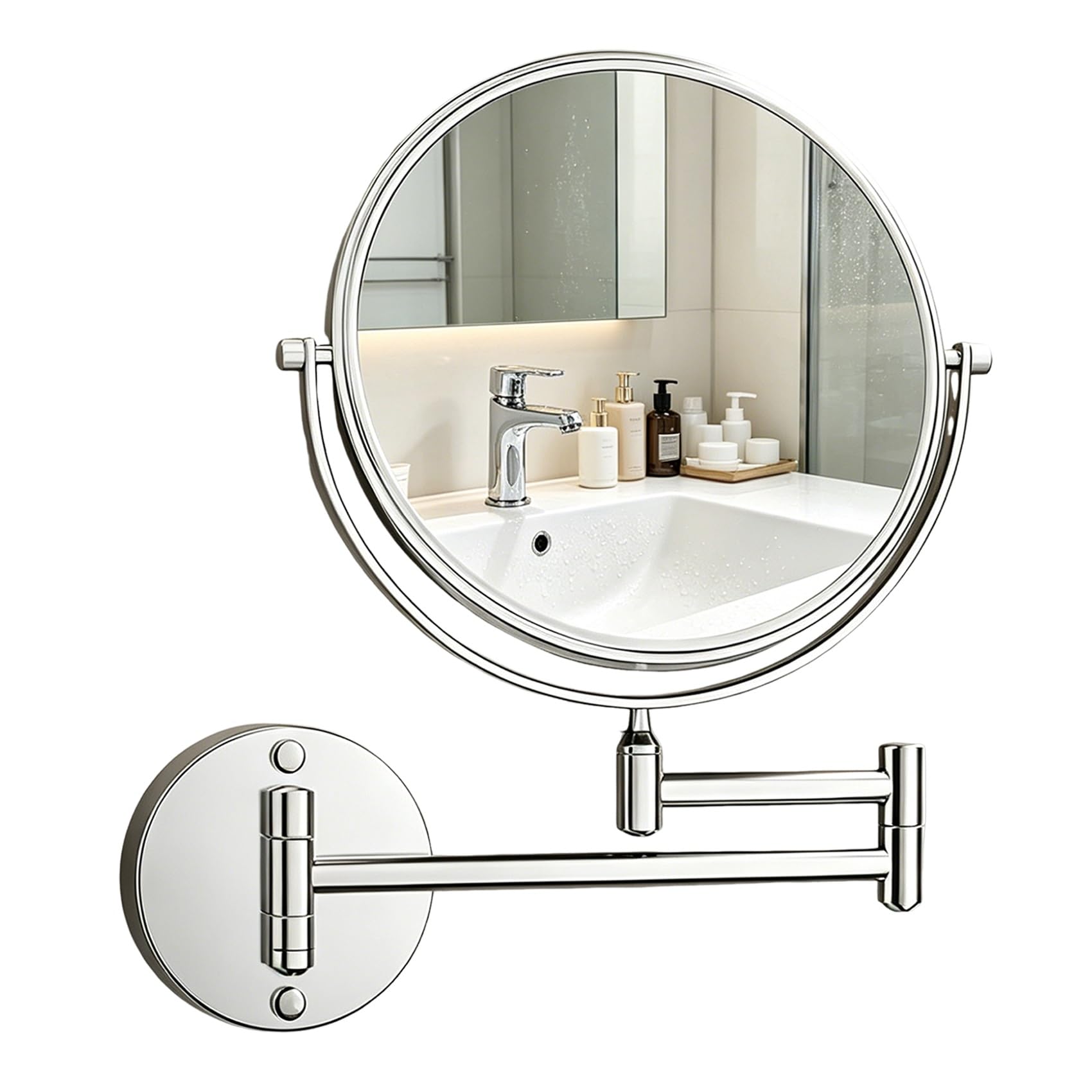 Specchio Trucco Da Parete Bifacciale 1x 3x Ingranditore 360° Girevole | Specchio Bagno con Braccio Estensibile, Vetro HD Antiappannamento e Cornice Alluminio per Rasatura(Argento,20cm/8in)