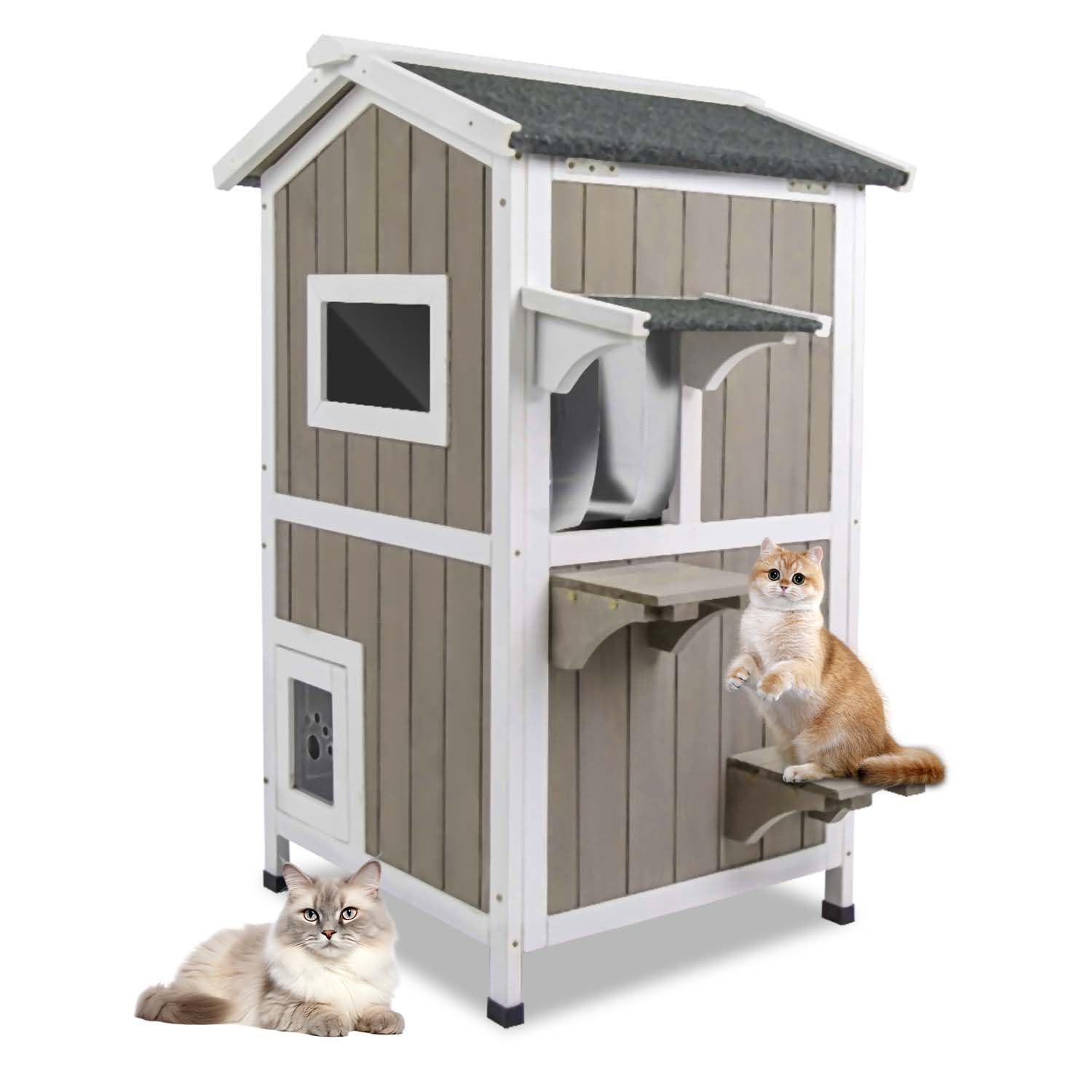 GoWoodHut Outdoor Cat House Weatherproof Cats Shelter for Feral Kitten Pet Houses for 1-2 Small Animlas 2 Story Wooden Houses for Indoor Outdoor Cats
