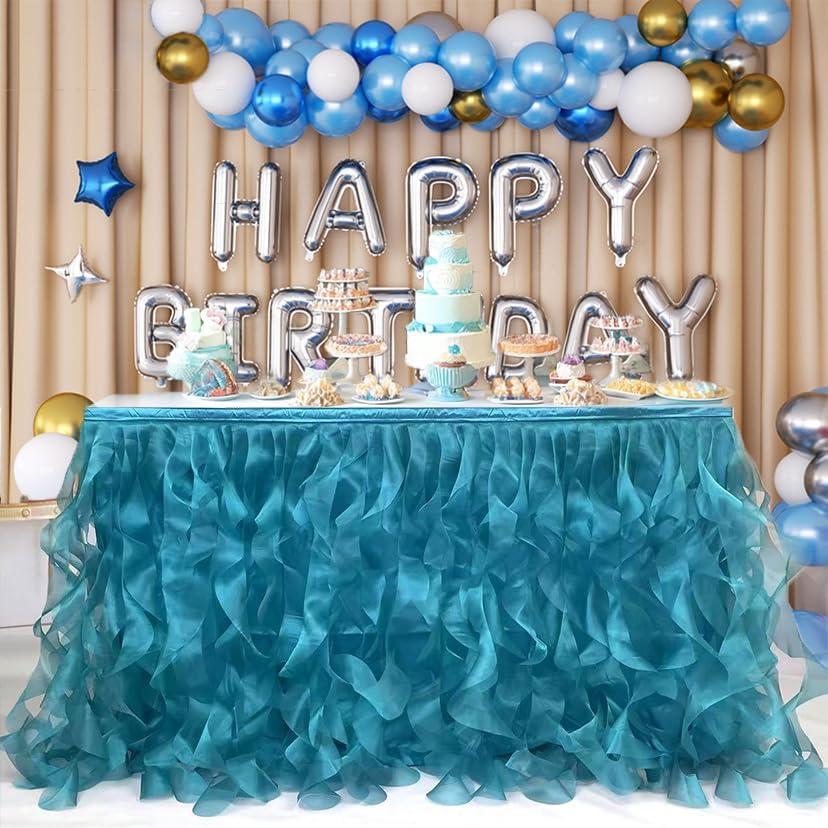 Luxury Organza Mesh Table Skirt Draping Floating Romance - Perfect for Bridal Showers, Birthday Weddings - Clear Flowing Decoration for a Wonderful Main Cake Table (Peacock Blue-6ft, 72"Lx30"H)