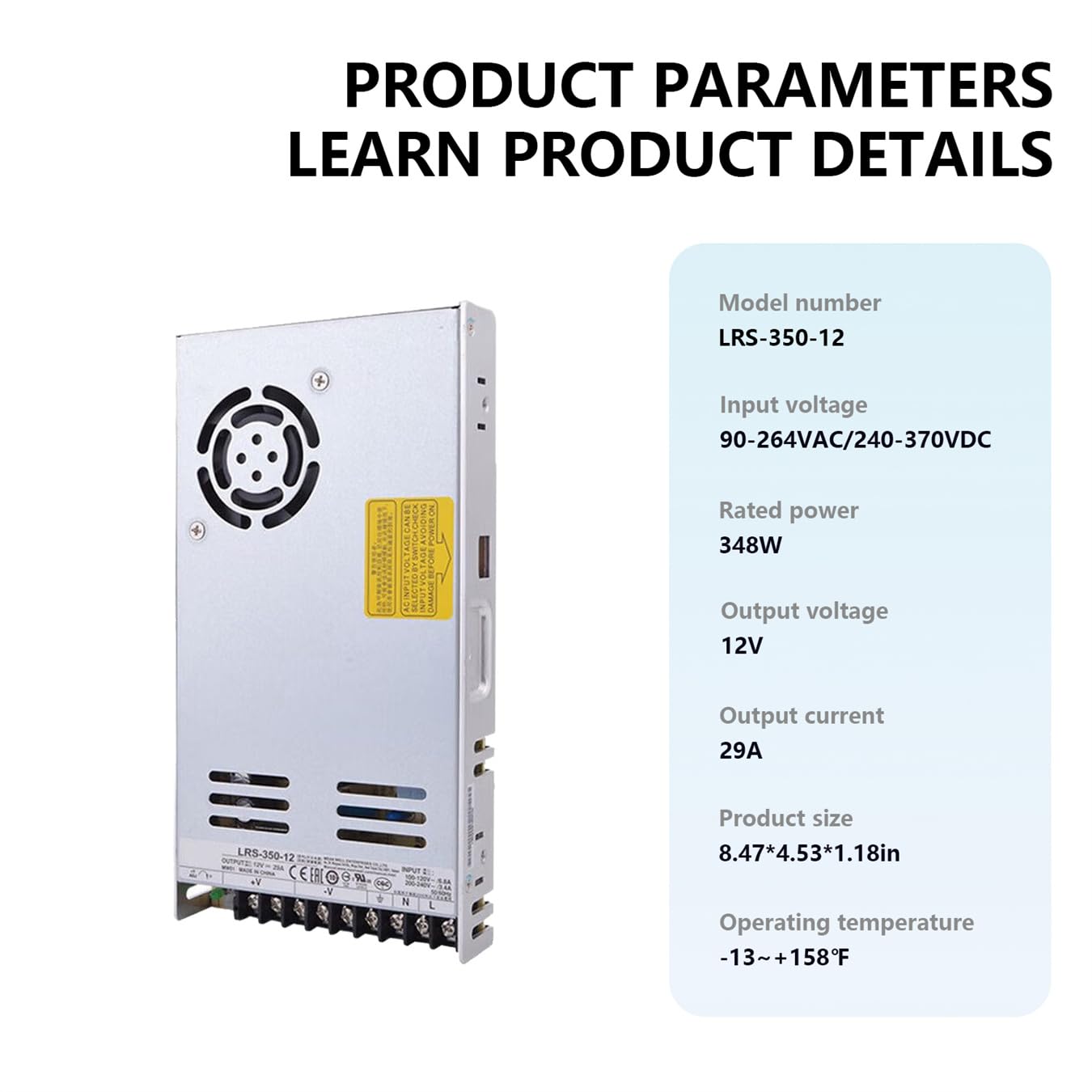 LRS-350-12 350W 12V 29A High Efficiency Enclose AC-DC Switching Power Supply, 90-264VAC Input for Industrial Automation,Electronic Equipment